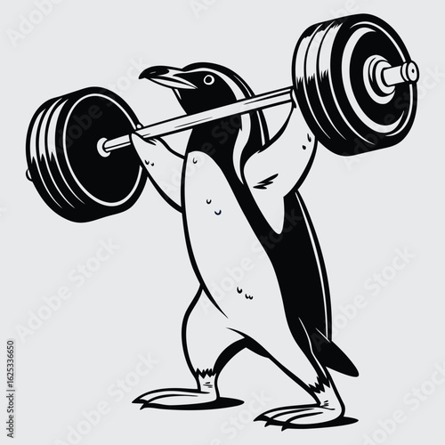 Strong Penguin Silhouette Lifting Barbell Cartoon Illustration for Fitness and Humor Design