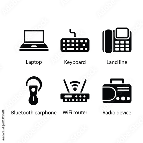 Laptop, Keyboard, Land line, Bluetooth earphone, WiFi router, Radio device, icon