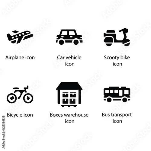 Airplane, Car vehicle, Scooty bike, Bicycle, Boxes warehouse, Bus transport, icon