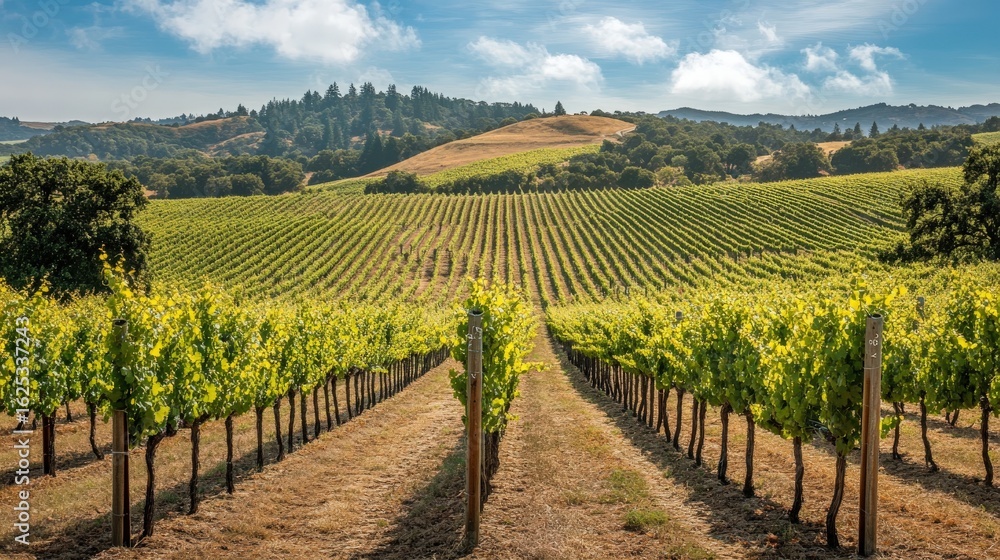 Naklejka premium Expansive vineyard stretches across a rolling landscape.