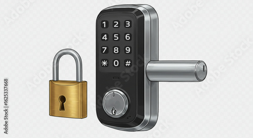 A golden padlock stands beside a digital door lock with handle on a plain background in a studio shot vreated with genrated ai