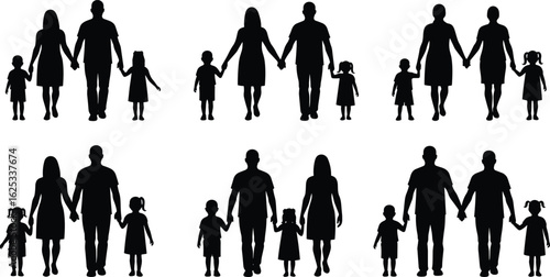 Silhouette vector illustration featuring six different cat poses, including walking, sitting, and stretching, against a plain white background, ideal for pet-related designs and animal graphics.