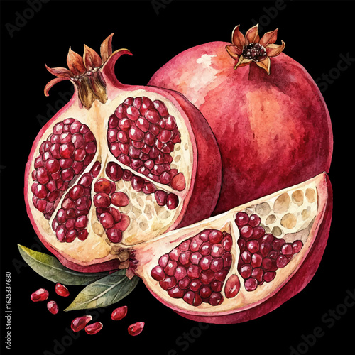 Watercolor Pomegranate Vector Watercolor Illustration Black Background