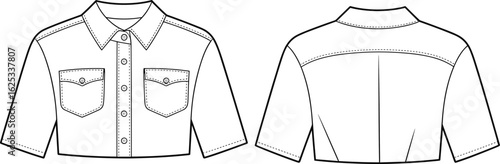 Short-sleeved shirt CAD drawing, front and back views, button placket, chest pockets, back yoke seam, fashion sketch, vector template