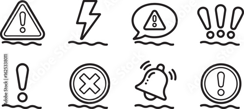 Various warning hazard alert and notification symbols icons line drawing set vector illustration
