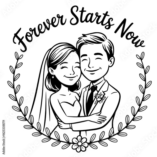 Forever Starts Now: A charming and delightful cartoon illustration of a newly married couple embraces each other with heartwarming love.