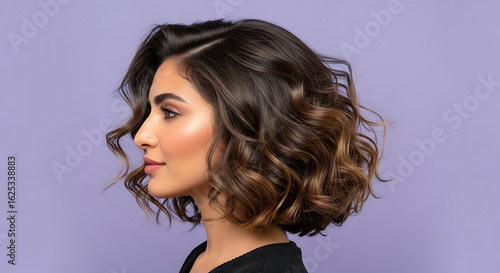 Profile view of a woman with wavy brown hair against a lavender background in a studio setting