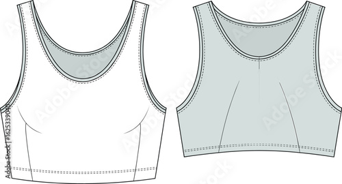 Sleeveless crop top CAD drawing, scoop neckline, contour seams, fitted silhouette, front and back views, fashion sketch, vector template
