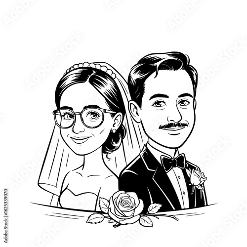Wedding Caricature: A charming black and white caricature illustration of a couple on their wedding day. Capturing the joy of their special moment and everlasting union.