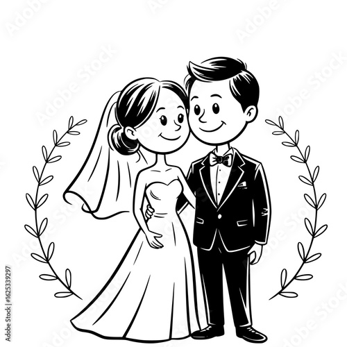 Eternal Bond: A sweet illustration of a radiant couple, standing side-by-side, entwined in the aura of timeless love, framed by a wreath of laurel.