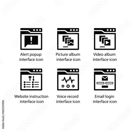 Alert popup, Picture album, Video album, Website instruction, Voice record, Email login, icon