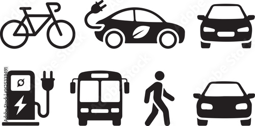 Sustainable and environmentally friendly transportation options including bicycle electric car bus and walking symbolizing eco conscious choices