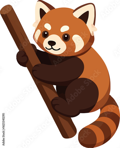 Isometric vector red panda clinging to tree branch, cartoonish, vector-friendly, isolated on white