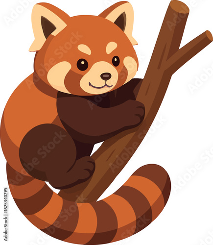 Isometric vector red panda clinging to tree branch, cartoonish, vector-friendly, isolated on white