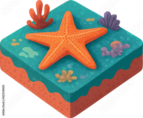 Isometric vector starfish on coral reef tile, textured surface, vector-friendly, isolated on white
