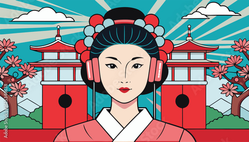 Smiling Asian woman in a traditional Japanese kimono dress with a fan, a vector cartoon illustration