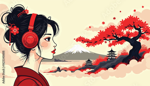 Fashion illustration of a dancing girl with headphones, her hair a beautiful silhouette against a floral background