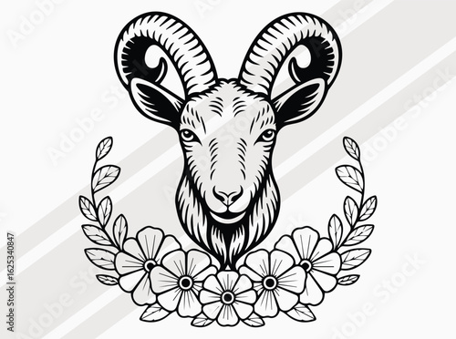 Vintage Goat Illustration with Floral Design, Goat SVG, Goat Head SVG, Goat Skull SVG. Goat Black Vector SVG, Goat Art Tattoo SVG, Goat Skull with Floral SVg