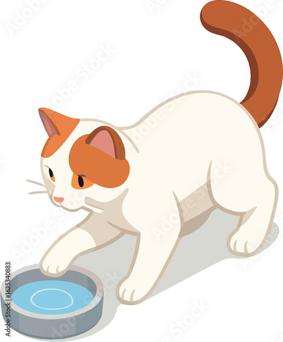Isometric vector turkish van cat playing near water bowl, white coat and colored head/tail, vector-friendly, isolated on white