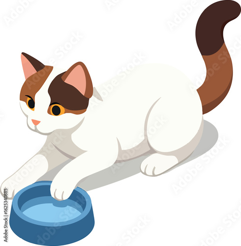 Isometric vector turkish van cat playing near water bowl, white coat and colored head/tail, vector-friendly, isolated on white