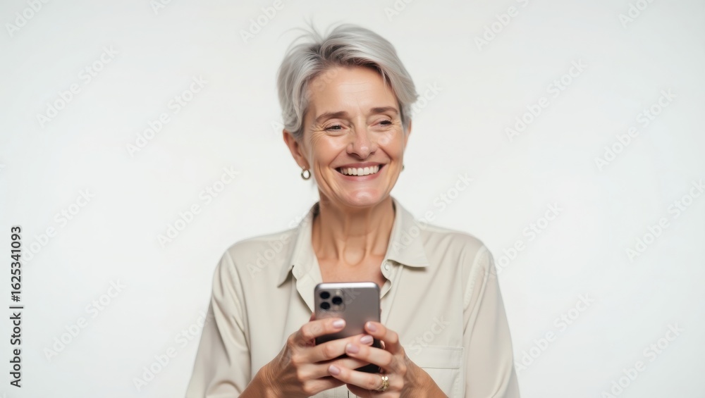 Fototapeta premium Young businesswoman in blazer pointing at smartphone screen, isolated on white with bright studio light