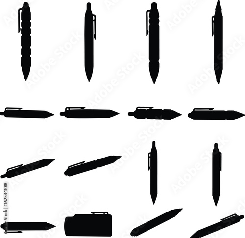 Vector Silhouette Collection of Tactical Pens for Self-Defense, Security, and Survival, Various Modern and Robust EDC (Everyday Carry) Writing Tools, Isolated on White Background.