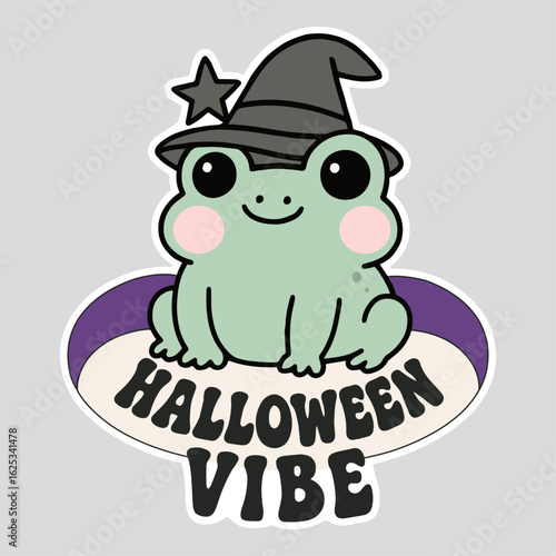 Cute green frog with witch hat Halloween sticker 