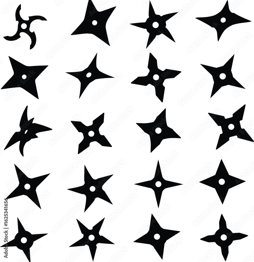Φωτογραφία Vector Silhouette Collection of Ninja Throwing Stars (Shuriken) with Variety of Shapes, Martial Arts and Spy Weaponry, Including Two Firearm Silhouettes
