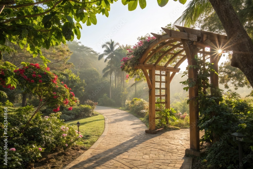 Tranquil Garden Path With Wooden Arch and Blooming Flowers at Sunrise Tranquil Garden Path With Wooden Arch and Blooming Flowers at Sunrise