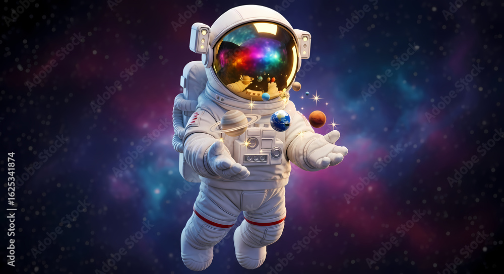 Fototapeta premium Astronaut holding miniature planets in vibrant cosmic space with colorful reflective visor and nebula background.