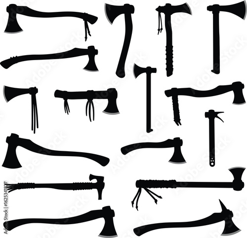 Vector Silhouette Collection of Tomahawks, Hatchets, and Axes, Featuring a Variety of Modern and Traditional Designs for Survival, Outdoor Use, and Native American Culture.