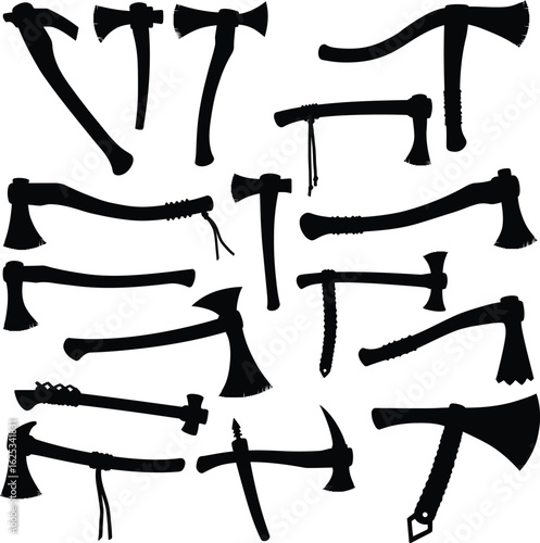Vector Silhouette Collection of Tomahawks, Hatchets, and Axes, Featuring a Variety of Modern and Traditional Designs for Survival, Outdoor Use, and Native American Culture.