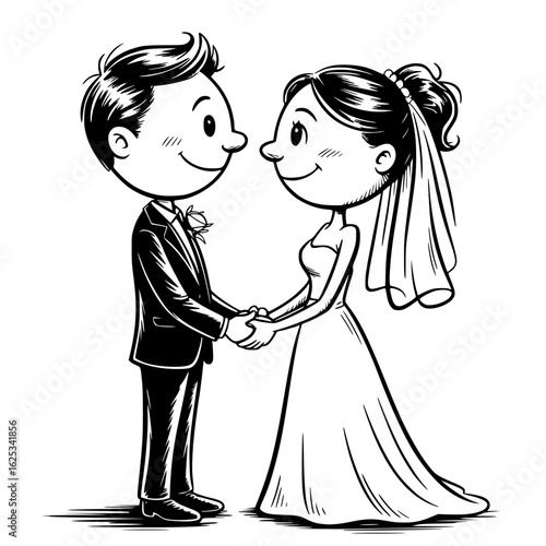 The Happy Couple in Monochrome: A cute cartoon couple in formal wedding attire gazing adoringly at each other, holding hands. A celebration of love and commitment.