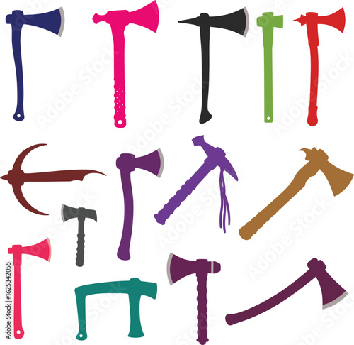 Colorful Vector Illustration Collection of Tomahawks, Hatchets, and Axes, Featuring a Variety of Modern and Traditional Designs for Survival, Outdoor Use, and Native American Culture in a Flat Style.
