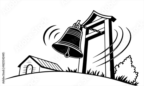 Bold Black and White Woodcut Style Church Bell Swinging with Sound Waves and Bell Tower


