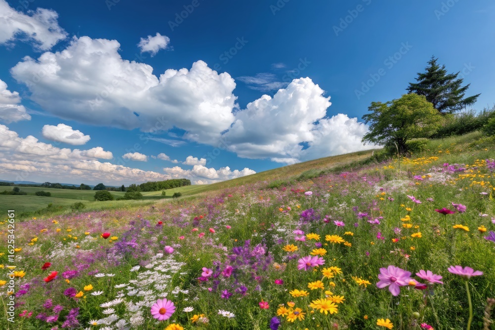 Vibrant Wildflower Meadow Under a Blue Sky With Fluffy Clouds Vibrant Wildflower Meadow Under a Blue Sky With Fluffy Clouds