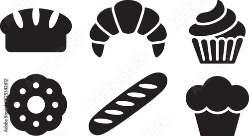 Bakery Pastry Icons Set Bread Croissant Cupcake Baguette Donut Vector Illustration Isolated