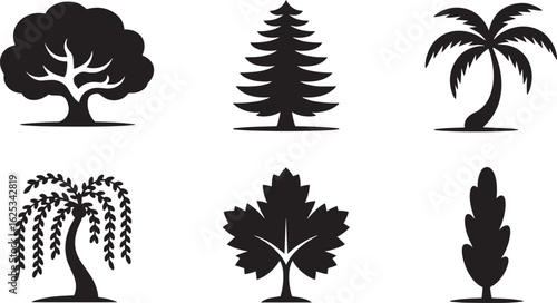 Diverse Tree Silhouettes Vector Illustration Featuring Oak, Pine, Palm, Willow, Maple, and Cypress