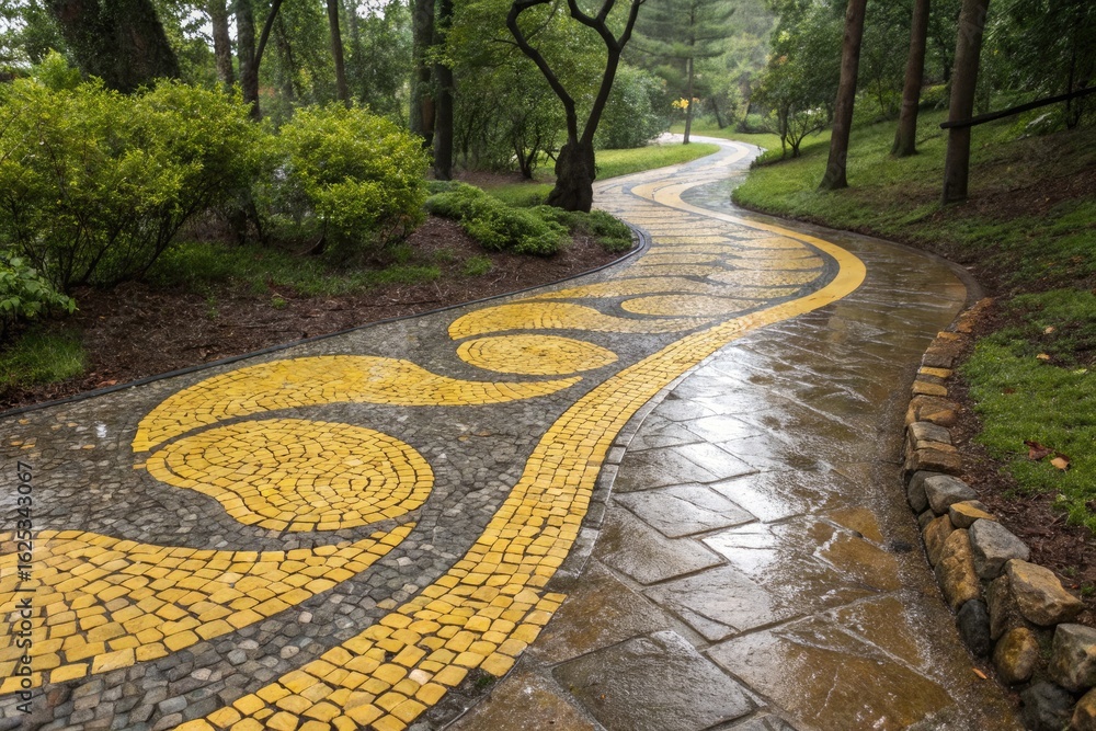 Serpentine Pathway With Yellow Bricks in a Lush Park During Rainy Weather Serpentine Pathway With Yellow Bricks in a Lush Park During Rainy Weather