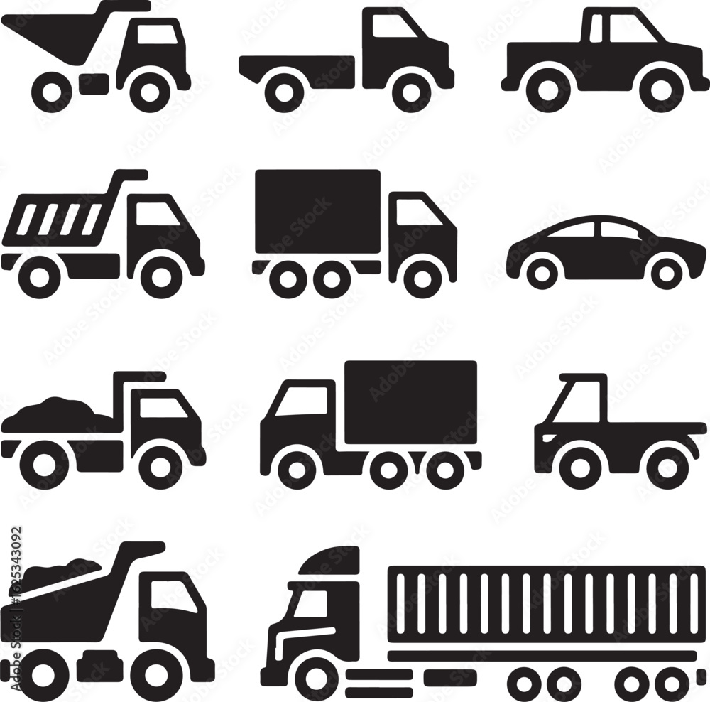 Black and White Trucks and Cars Vector Illustration for Transportation Concepts and Vehicle Design Projects