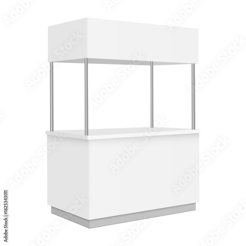 Blank trade booth isolated on white background. Promotional stand mockup for branding, events, marketing presentations, product sampling or exhibition use. Template for design placement