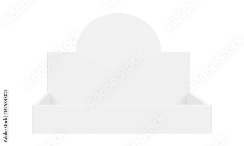 Empty counter display box with rounded back panel. Front view mockup for product branding, packaging design, advertising display in stores. Ideal for cosmetics, snacks or retail goods