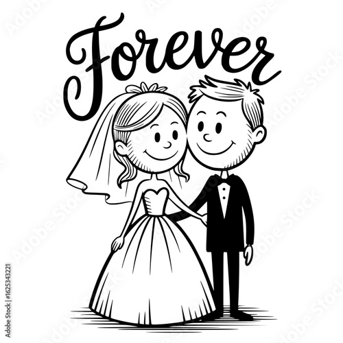 Everlasting Bond: A romantic sketch depicts a bride and groom, hand in hand, under the promise of forever, set against a pristine background of love.