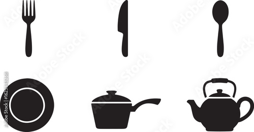 Kitchen Utensils Vector Icons: Fork, Knife, Spoon, Plate, Pot, and Teapot for Cooking Designs