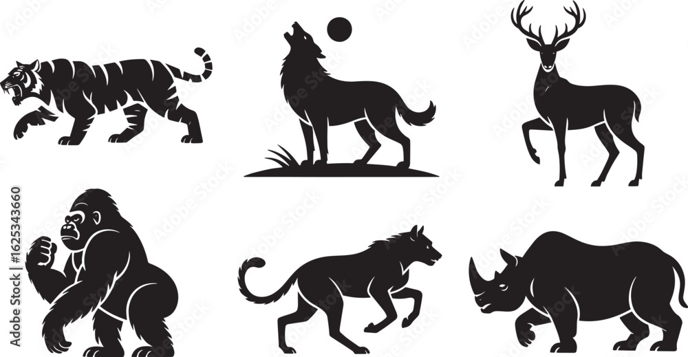 Naklejka premium Silhouette Wild Animal Collection Vector Art Illustration Featuring Tiger Wolf Deer Gorilla Rhino