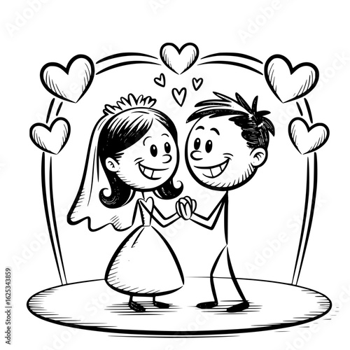 Joyful Union: In this monochrome illustration, a radiant couple shares an endearing moment of love, a heartfelt depiction of togetherness under a shower of hearts.