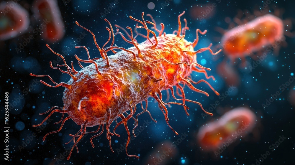 Obraz premium Microscopic view of bacterium cell with numerous flagella in orange and blue