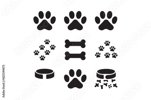 Collection of dog paw prints bones and food bowls in black and white graphic design