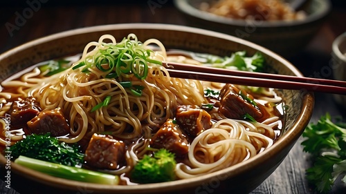 Hearty and savory Asian beef noodle soup in a rustic bowl, garnished with fresh scallions and cilantro.