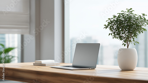 Wallpaper Mural An elegant, minimalistic workspace with a sleek wooden desk, a modern laptop Torontodigital.ca